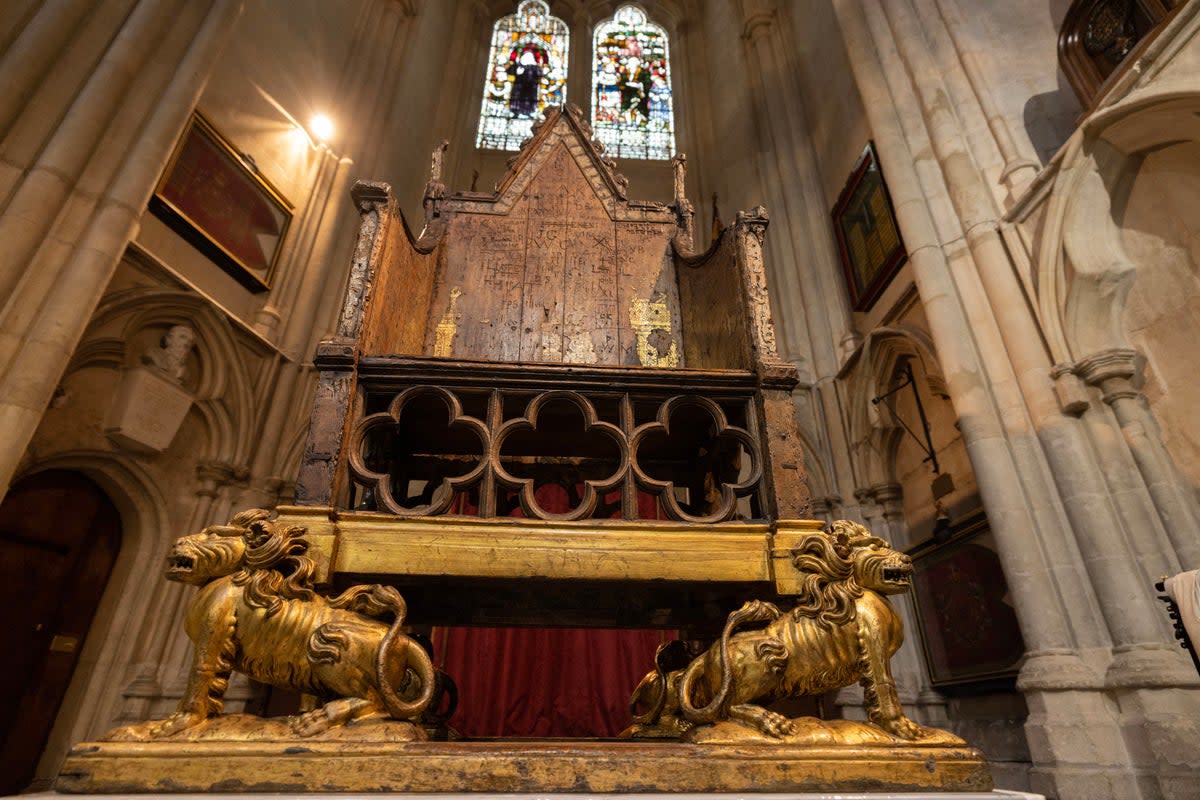 The Coronation Chair is seen inside Westminster Abbey in London, ahead of the coronation of King Charles III (PA)