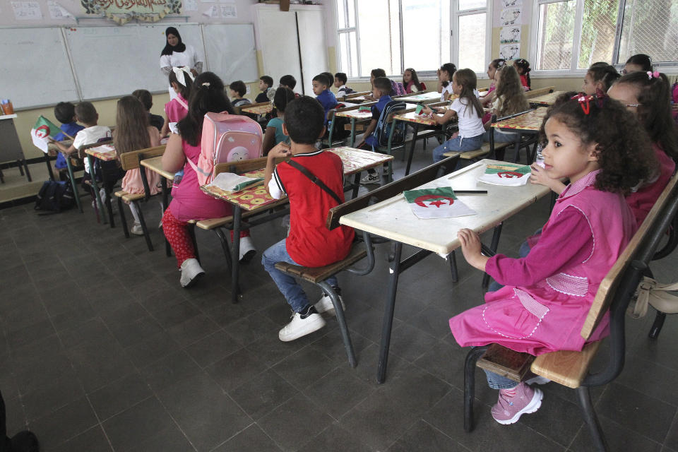 FILE - Schoolchildren attend a class in the Ben Omar district of Algiers, Algeria, on Sept. 19, 2023. More than a year after Algeria launched a pilot program to teach English in elementary schools, the country is hailing it as a success and expanding it in a move that reflects a widening linguistic shift underway in former French colonies throughout Africa. (AP Photo, File)