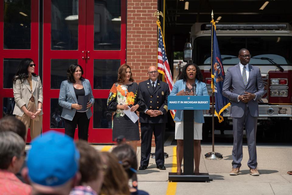 State Senator Sarah Anthony speaks before the signing of a bipartisan budget for the upcoming fiscal year by Governor Gretchen Whitmer at Wyandotte Fire Station 1 in Wyandotte on Monday, July 31, 2023.