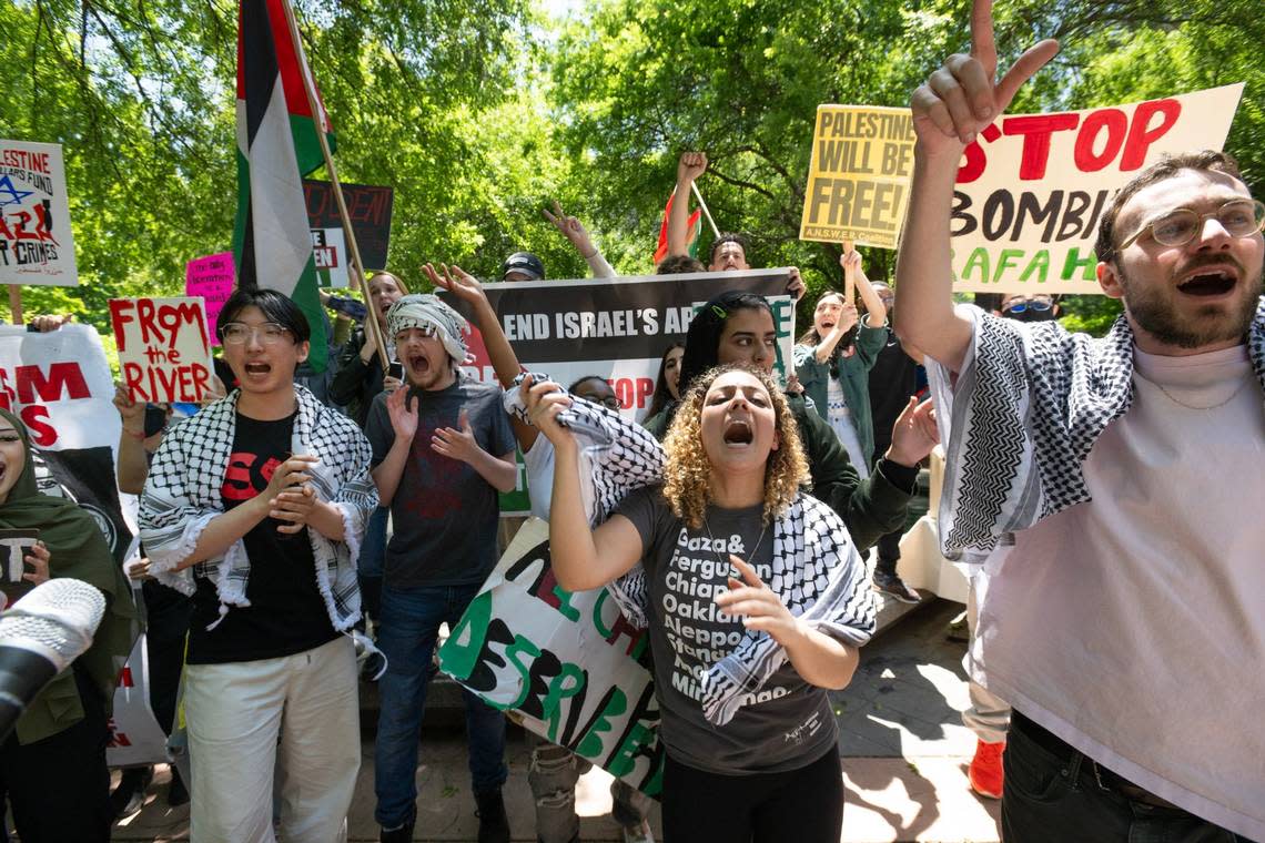 Members of the Sacramento State chapter of Students for Justice Palestine chant after a campus press conference on Wednesday about the university’s agreement to alter its investment policy language.
