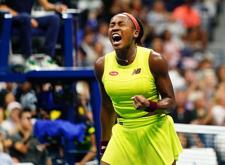 Coco Gauff reacts after winning a point against Laura Siegemund of Germany on day one of the 2023 U.S. Open.