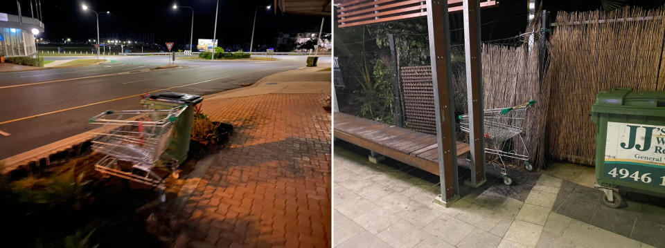 Abandoned Woolworths shopping trolleys on side of road and in shelter