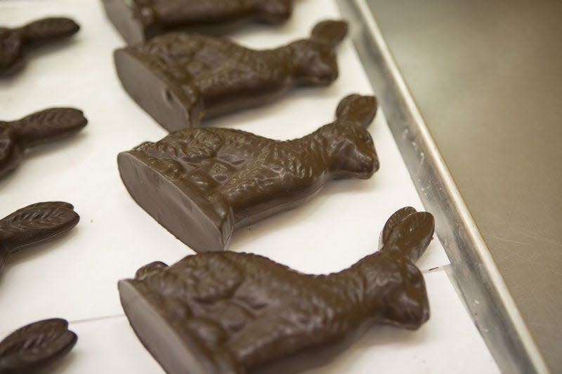 Solid chocolate Easter bunnies are ready for packaging Tuesday at the South Bend Chocolate Company Factory on Sample Street. SBT Photo/SANTIAGO FLORES