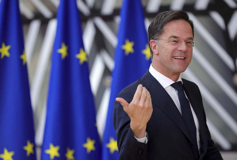 FILE - Dutch Prime Minister Mark Rutte arrives for an EU summit in Brussels, Thursday, June 23, 2022. Mark Rutte became the longest-serving Dutch prime minister Tuesday and the leader known by some as “Teflon Mark” because scandals don't stick to him is showing no sign of slowing despite unrest gripping his nation and his party's popularity sliding in polls. (AP Photo/Olivier Matthys, File)