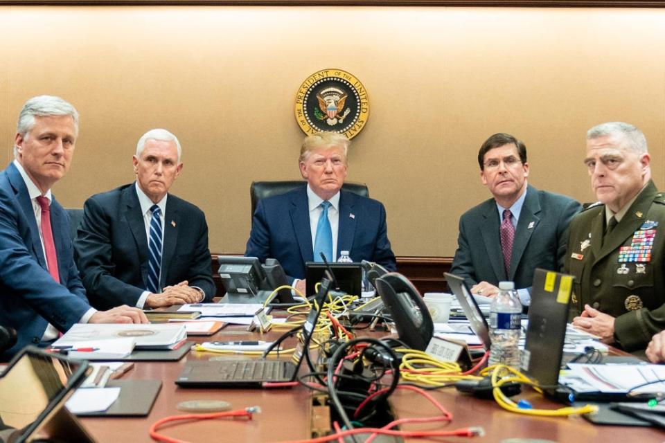 Donald Trump with senior administration figures Mike Pence, Robert O'Brien, Mark Esper, and Mark Milley (Getty)