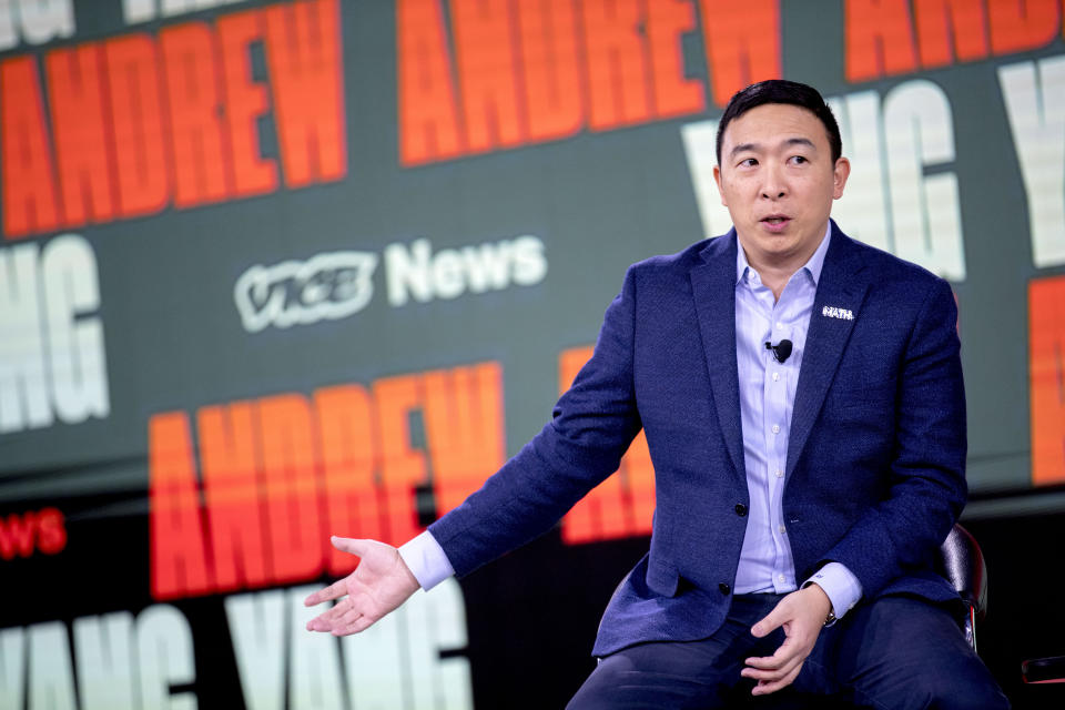 Democratic presidential candidate Andrew Yang speaks at the Brown & Black Forum at the Iowa Events Center, Monday, Jan. 20, 2020, in Des Moines, Iowa. (AP Photo/Andrew Harnik)