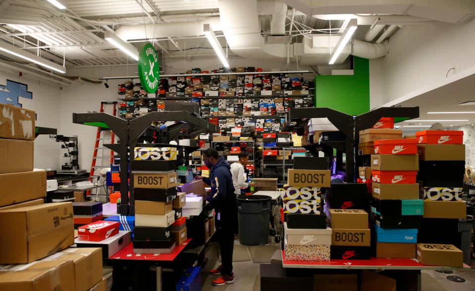 The authenticating room for sneakers is viewed at Stock X on January 10, 2018 in Detroit, Michigan. This bag was sold for $1200 USD and the money will be refunded to the seller. StockX is a live auction site for resale of high-end sneakers, handbags, streetwear and watches. StockX experts authenticate items sold through their site. / AFP PHOTO / JEFF KOWALSKY / With AFP Story by Luc OLINGA        (Photo credit should read JEFF KOWALSKY/AFP/Getty Images)