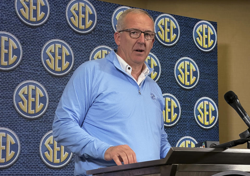 Southeastern Conference Commissioner Greg Sankey speaks to reporters during the conference's spring meetings, Tuesday, May 30, 2023, in Destin, Fla. (AP Photo/Ralph Russo)