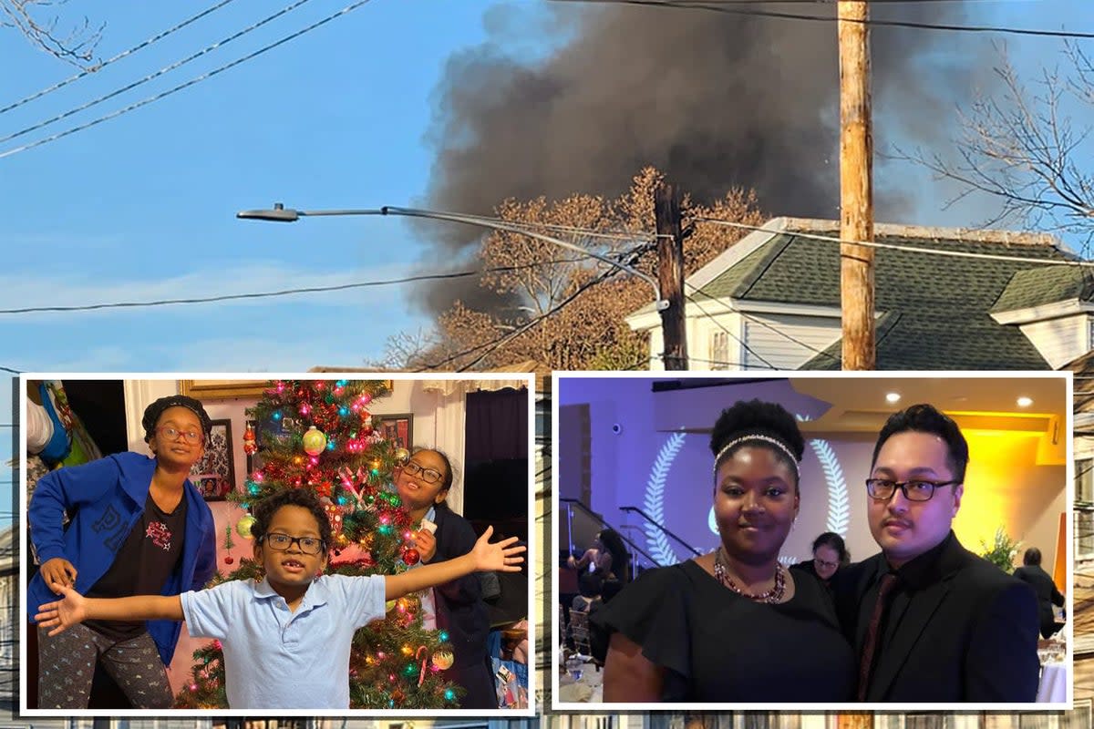 The crime scene on fire (top) and the victims  Natalya, Xavier, and Nakayla Le (left); Britni McLaughlin-Le and Xuong Le (right)  (Xuong Le/Facebook/Lansdowne Fire Company)