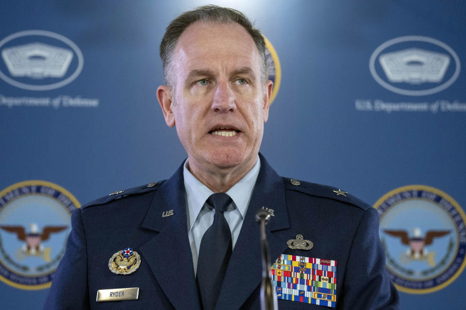 Pentagon spokesman U.S. Air Force Brig. Gen. Patrick Ryder speaks during a media briefing at the Pentagon, Thursday, April 13, 2023, in Washington. (AP Photo/Alex Brandon)