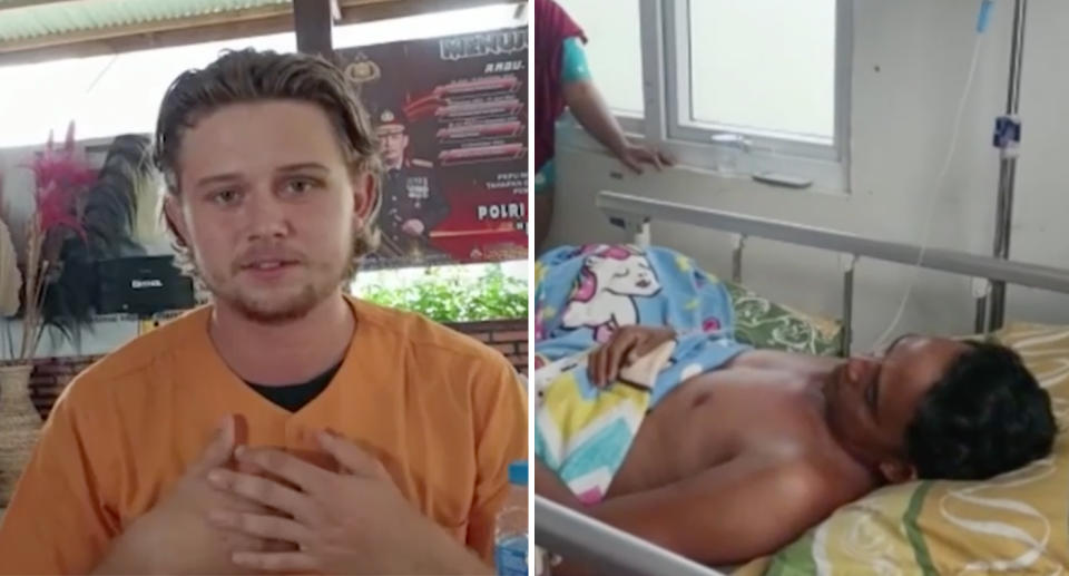 A photo of Queensland man Bodhi Mani Risby-Jones, 23, apologising from jail for his alleged drunken rampage in Aceh, Indonesia. A photo of local fisherman Edi Ron who needed 50 after the Queensland man allegedly assaulted him.