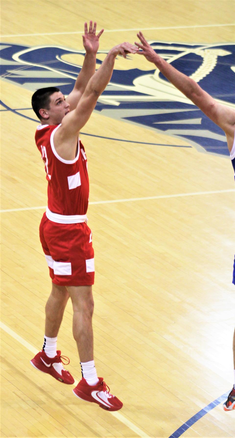 Nathan Dudukovich of Lakota West hits a 3-pointer as Kentucky defeated Ohio 93-83 in the boys edition of the Ohio-Kentucky All-Star Game April 8, 2023, at Thomas More University's Connor Convocation Center.