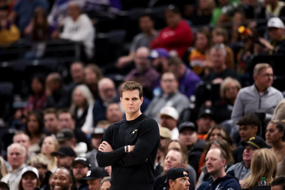 Utah Jazz coach Will Hardy watches the game against the Memphis Grizzlies at the Delta Center in Salt Lake City on Wednesday, Nov. 1, 2023. The Jazz coach says if his team is going to improve defensively, it will require greater communication and more effort. | Spenser Heaps, Deseret News