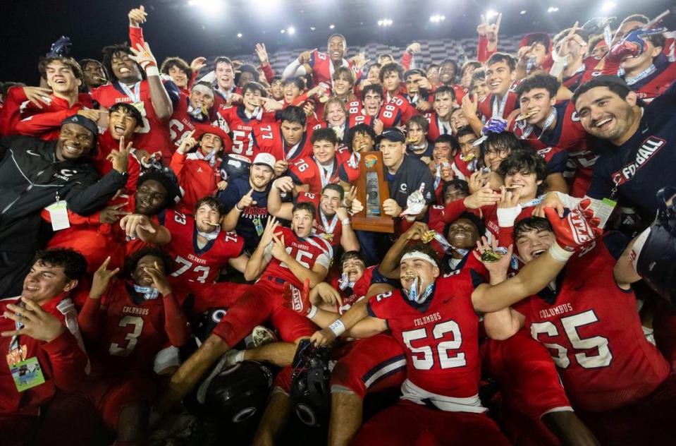 Columbus Explorers Agyeman Addae (32) celebrates after his team defeated the Apopka Blue Darters during their 2022 FHSAA State Championships-Class 4M football game on Saturday, Dec. 17, 2022, in Fort Lauderdale, Fla.