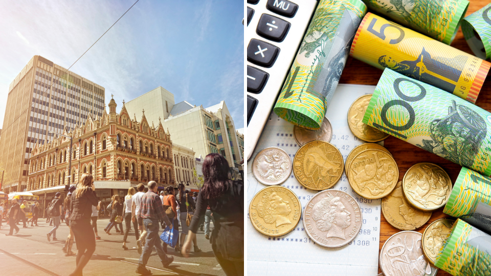 Pedestrians in Adelaide, close image of calculator, receipt and Australian currency.