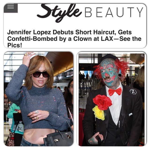 Jennifer Lopez received a particularly colorful welcome at LAX when she was confetti-bombed by a clown! The surprise party-favor attack left the star covered in brightly colored shreds of paper. Splash News J.Lo's new short 'do actually looked really cute, even covered in multicolored confetti. However, it was clear the singer was far from amused. While the <em>American Idol </em>judge was strolling through the crowded airport she received the unwelcome surprise from the infamous Los Angeles-based clown/performance artist Richie the Barber -- best known for his wild behavior and the fact that he's covered head-to-toe in tattoos. This isn’t the first time Richie the Barber has pulled a stunt like this. In April 2014, the tattoo-covered clown confetti-bombed Kourtney and Khloe Kardashian in Venice, Calif., according to E! Lopez got off easy compared to other stars who've been accosted by bystanders recently. Adam Levine was sugar-bombed outside Jimmy Kimmel's studio in Hollywood earlier this month and Kim Kardashian's book signing was interrupted by anti-fur activists who screamed that she was a "murderer." <strong>WATCH: Adam Levine Got Sugar-Bombed Outside 'Jimmy Kimmel Live' in Hollywood </strong> For Lopez, her dark grey midriff sweater and blue jeans ensemble got livened up with some color -- albeit by a somewhat terrifying-looking clown and in a way she wasn't anticipating. For more on Levine's run-in with a powdered sugar-throwing prankster, check out the video below.