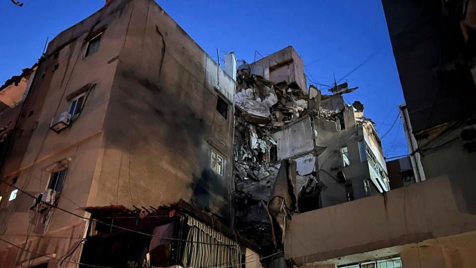 PHOTO: A general view shows a damaged building that was hit by an Israeli airstrike in the southern suburbs of Beirut, Lebanon, on July 30, 2024.  (Hussein Malla/AP)