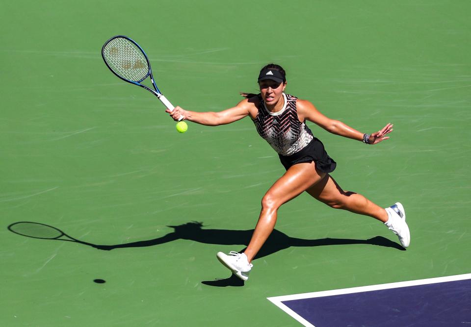 Jessica Pegula of the United States runs wide for a return against Elina Svitolina of Ukraine during their round four match of the BNP Paribas Open, Tuesday, Oct. 12, 2021, in Indian Wells, Calif. 