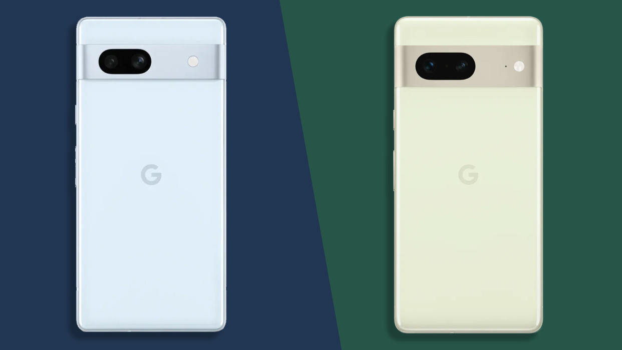  Press image of the back of the Google Pixel 7a in blue and the Pixel 7 in Lemongrass on a split-color background 