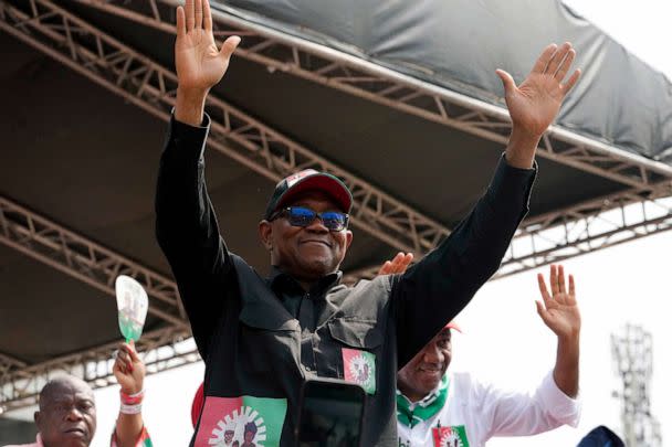 PHOTO: Peter Obi, presidential candidate of the Labour Party, waves to his supporters during a campaign rally at the Tafawa Balewa Square in Lagos Nigeria, on Feb. 11, 2023. (Sunday Alamba/AP, FILE)