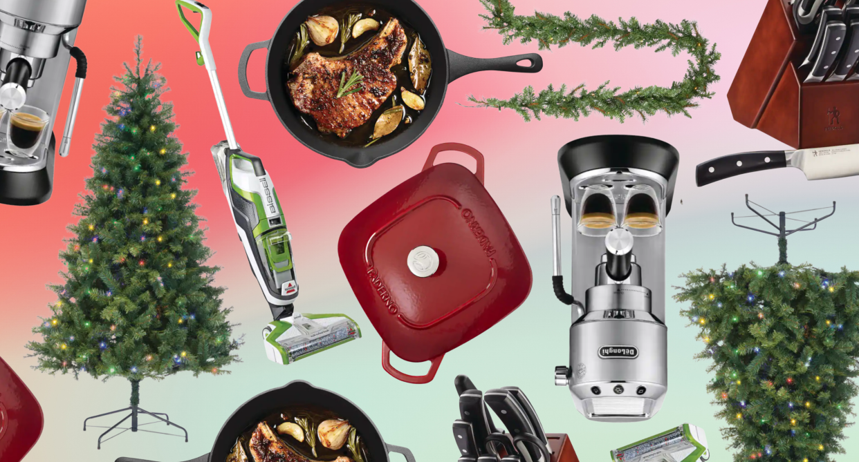 canadian tire, collage of canadian tire products, espresso machine, christmas tree, knife set, cast iron pan, mop