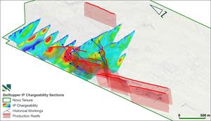 Belltopper IP chargeability sections with key gold reefs (red lines) and historic mining infrastructure depicted.