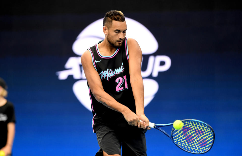 Nick Kyrgios of Australia plays a backhand in practice ahead of the 2020 ATP Cup Group Stage at Pat Rafter Arena on January 01, 2020 in Brisbane, Australia. (Photo by Bradley Kanaris/Getty Images)