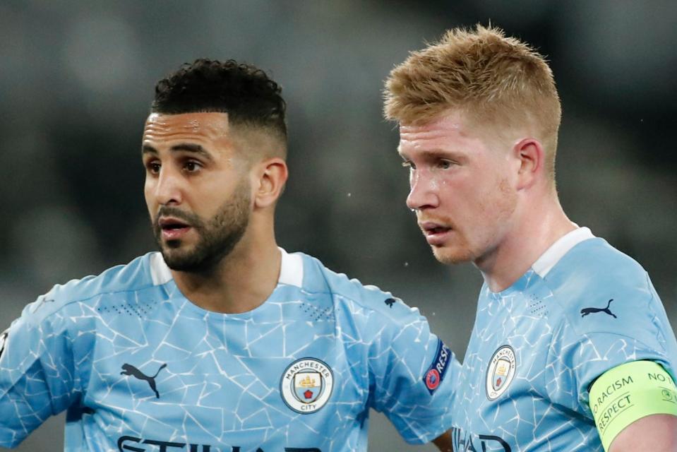 <p>Riyad Mahrez and Kevin De Bruyne deep in conversation before the free-kick winner against PSG</p> (REUTERS)