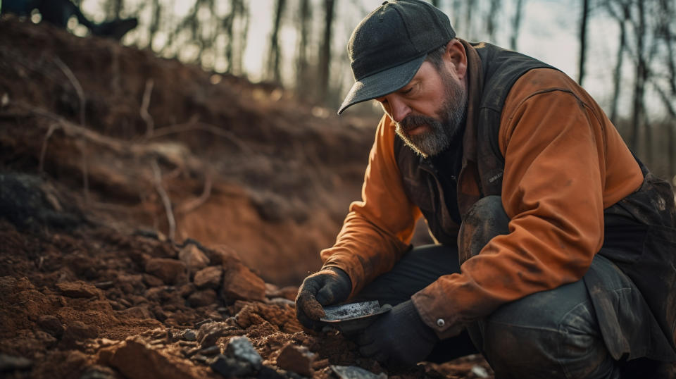 A miner gathering graphite samples from a mining area in Coosa County, Alabama.