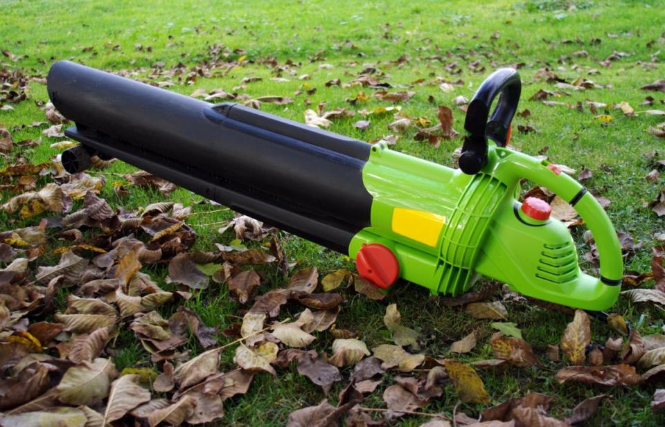 A green-handled leaf blower resting in a leaf-covered lawn.
