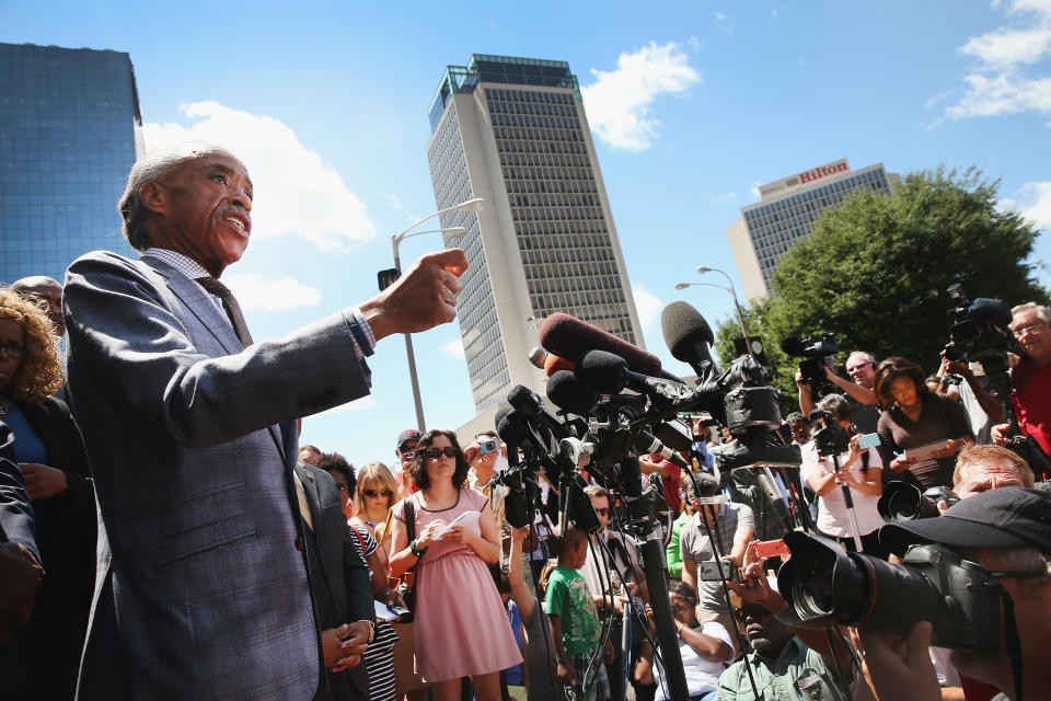 ST. LOUIS, MO - AUGUST 12:  Civil rights leader Rev. Al Sharpton speaks about the killing of teenager Michael Brown at a press conference held on the steps of the old courthouse on August 12, 2014 in St. Louis, Missouri. Brown was shot and killed by a police officer on Saturday in suburban Ferguson, Missouri. Sharpton and Browns family were calling for order following riots and skirmishes with police over the past two nights in Ferguson by demonstrators angry over the shooting.  (Photo by Scott Olson/Getty Images)