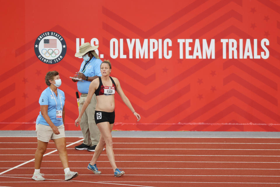 EUGENE, OREGON - JUNE 27: Lindsay Flach walks from the track after dropping out of the Women's Heptathlon 800 Meters during day ten of the 2020 U.S. Olympic Track & Field Team Trials at Hayward Field on June 27, 2021 in Eugene, Oregon. (Photo by Cliff Hawkins/Getty Images)