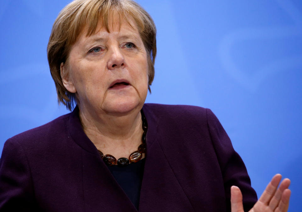 German Chancellor Angela Merkel attends a news conference after a meeting with federal state leaders at the Chancellery in Berlin, Germany March 12, 2020. REUTERS/Michele Tantussi