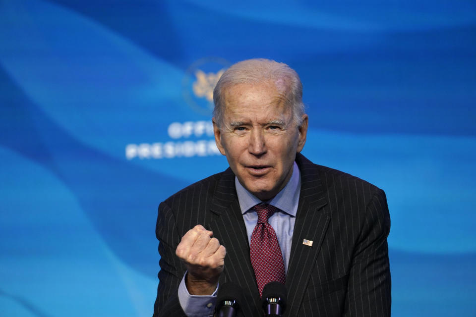 President-elect Joe Biden speaks during an event at The Queen theater in Wilmington, Del., Friday, Jan. 8, 2021, to announce key administration posts. (AP Photo/Susan Walsh)