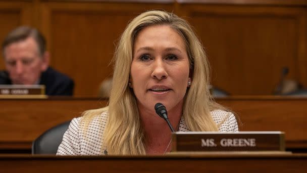 PHOTO: Rep. Marjorie Taylor Greenspeaks during a House Oversight and Accountability Committee hearing in Washington, Feb. 8, 2023. (Anna Rose Layden/Bloomberg via Getty Images)