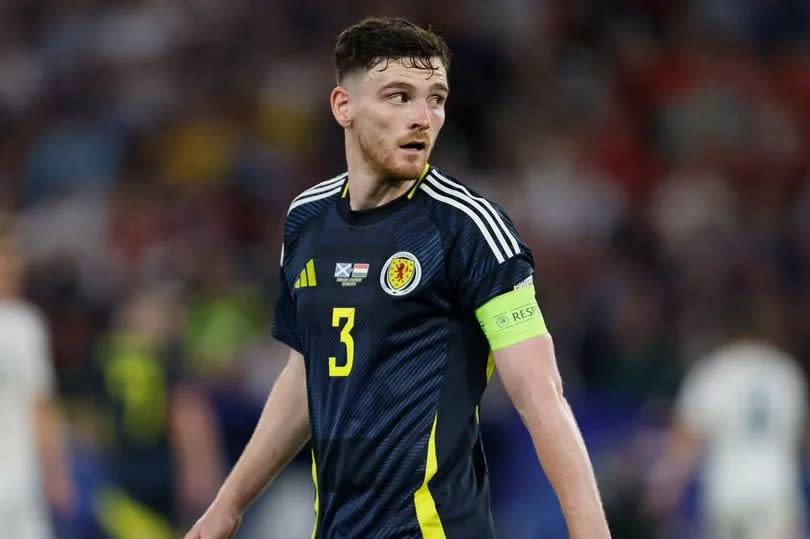 Liverpool defender Andy Robertson in action for Scotland at Euro 2024