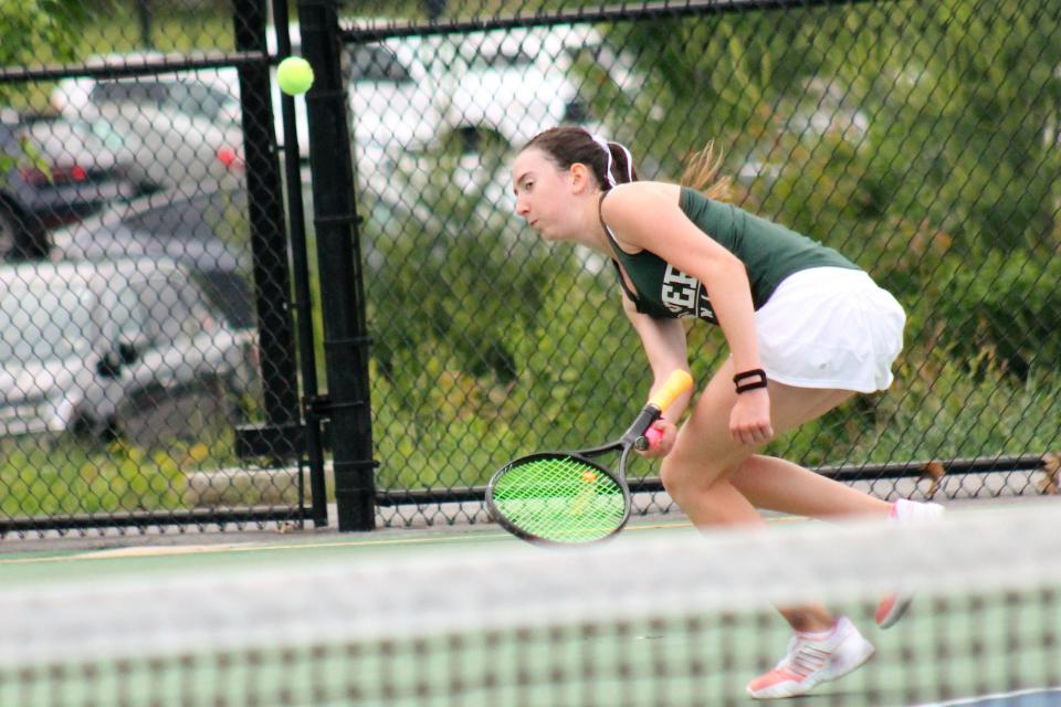 Dover's Taylor Wilson, shown here during the Green Wave's win over Derryfield in the Division I state team championship last June, opened her senior season with a 8-0 win at No. 1 singles in Monday's 8-0 win over Merrimack.