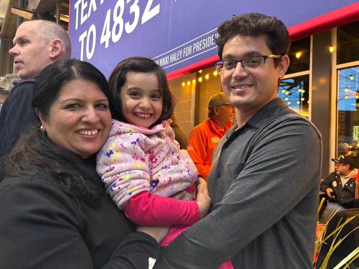 Dr. Lokendra Thakur and his wife, Dr. Sweta Thakur, and their daughter Athena at a recent Nikki Haley rally on Daniel Island in Charleston