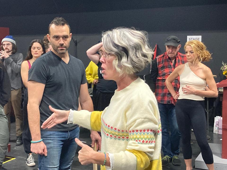 Co-director Amy Riley gives feedback to the cast at a rehearsal Nov. 1, 2023 in South Burlington for Lyric Theatre's production of "The Prom."