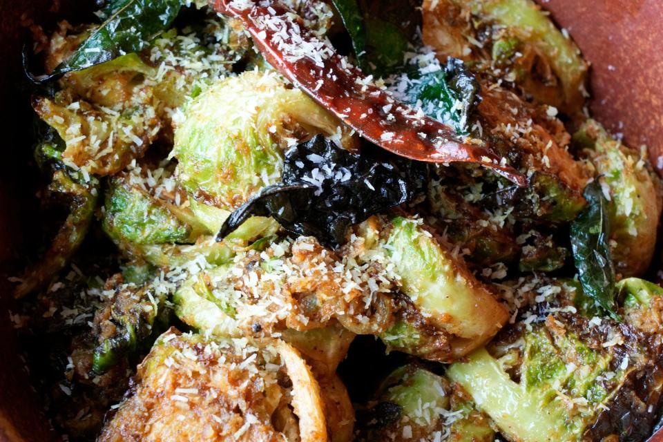 Brussel Sprouts Thoran at Chaska are tossed with shredded coconut.