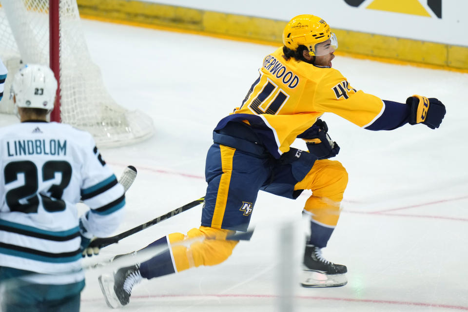 Nashville's Kiefer Sherwood celebrates after scoring his sides first goal during the NHL hockey game between San Jose Sharks and Nashville Predators played in Prague, Czech Republic, Friday, Oct. 7, 2022. (AP Photo/Petr David Josek)