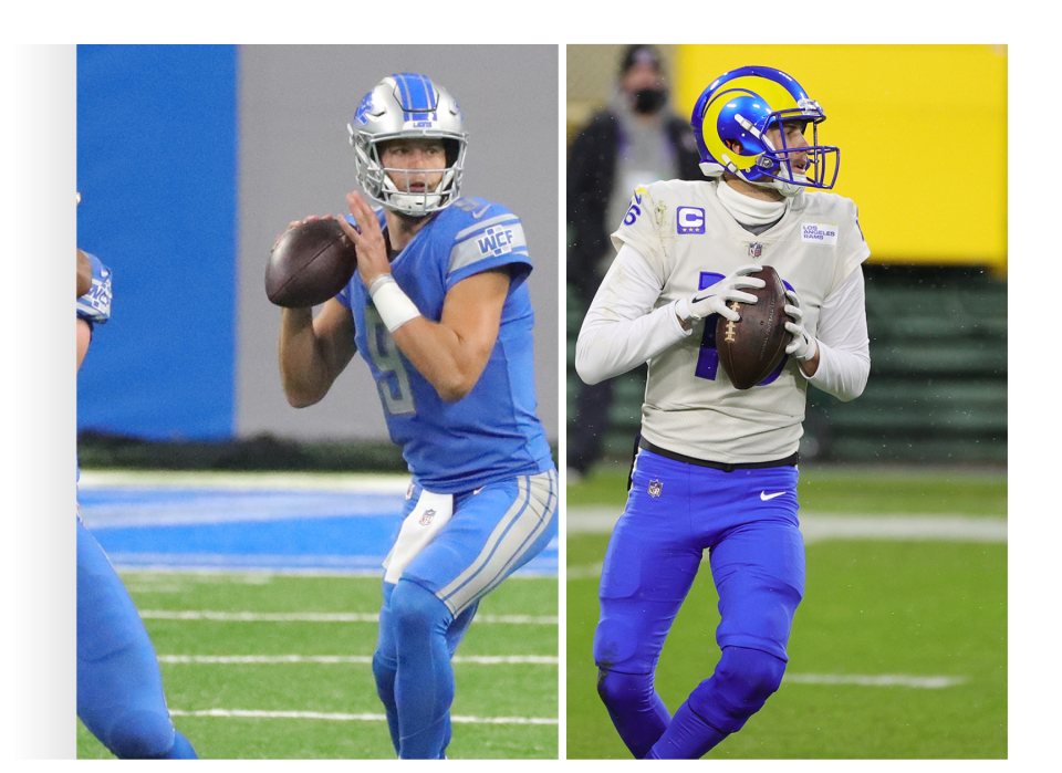 Matthew Stafford, left, was dealt to the Los Angeles Rams for Jared Goff and three draft picks. The Lions get two future first-round picks.