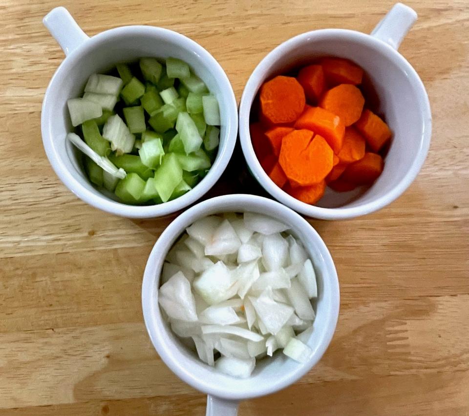 Chopped celery, carrots, and onions for Carbone Bolognese