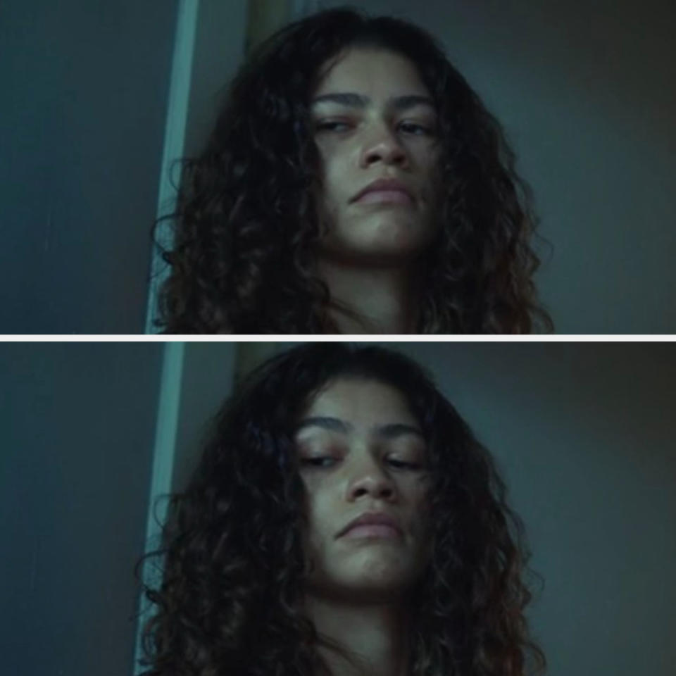 Two stills of Zendaya portraying Rue Bennett with a serious expression from the TV show "Euphoria."