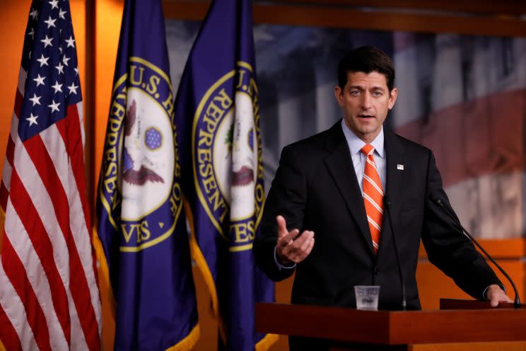 Speaker of the House Paul Ryan takes questions about the Senate health care bill during his weekly press conference on Capitol Hill on July 13, 2017. (Aaron P. Bernstein/Reuters)