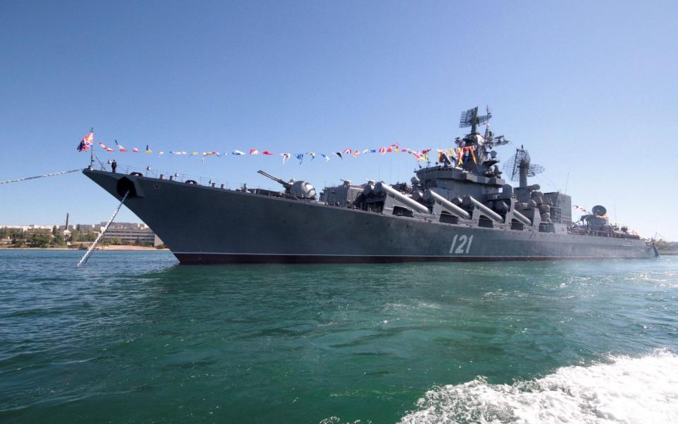 The Russian missile cruiser "Moskva" moored on a sunny day in 2013 in Sevastopol