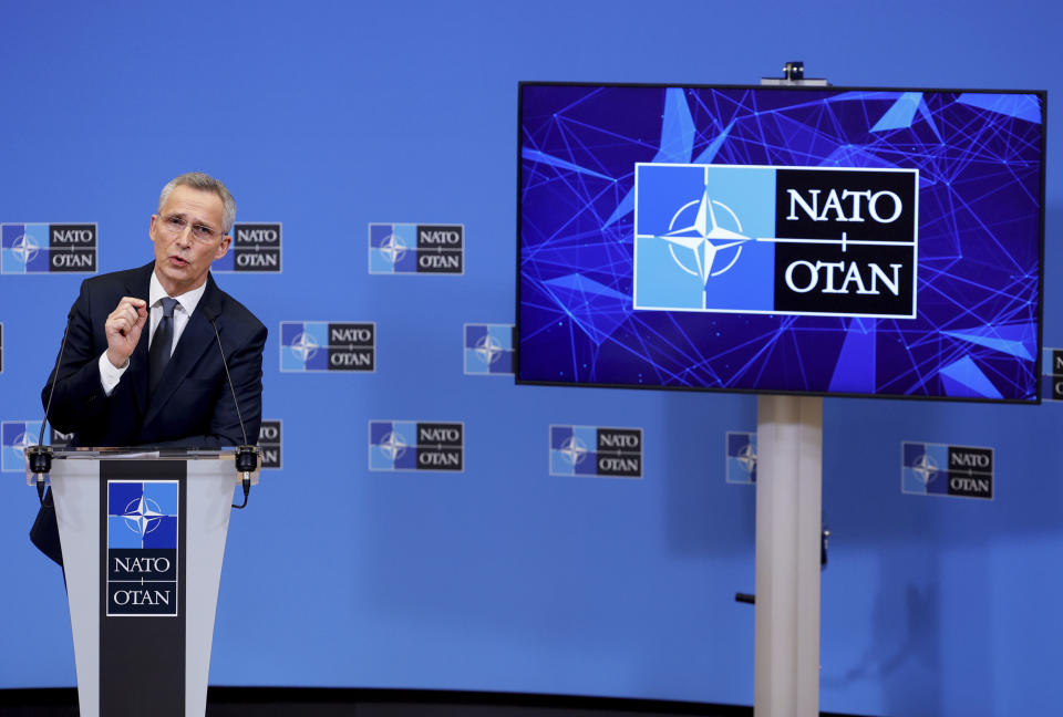 NATO Secretary General Jens Stoltenberg speaks during a media conference after an extraordinary meeting of NATO Ministers of Foreign Affairs via video link at NATO headquarters, in Brussels, Friday, Jan. 7, 2022. NATO foreign ministers on Friday discussed Russia's military build-up around Ukraine amid skepticism about the credibility of President Vladimir Putin's offer to ease tensions, ahead of a week of high-level diplomacy aimed at ending the standoff. (AP Photo/Olivier Matthys)