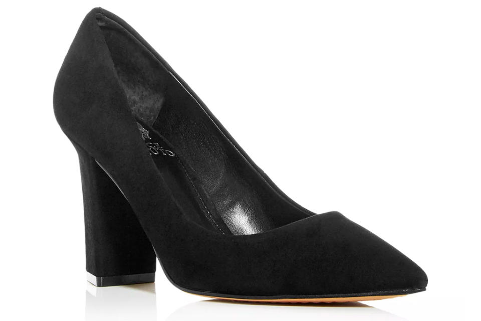 black, block heels, pumps, pointed-toe, suede, vince camuto