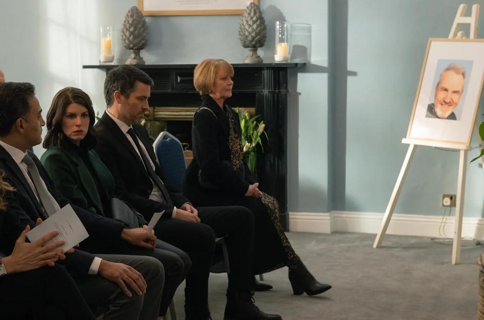 Siblings Daniel (Robert James-Collier), Sian (Gaynor Faye) and Chloe (Jemima Rooper) attending their father's funeral.