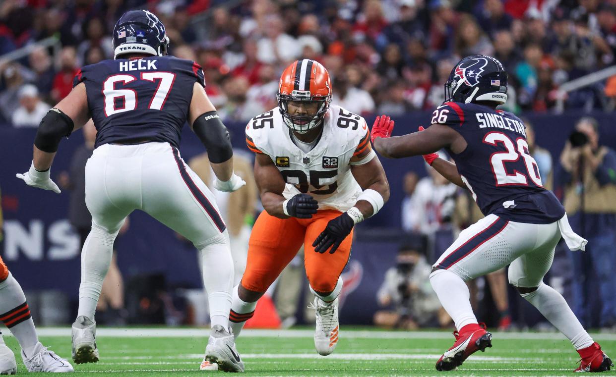 Dec 24, 2023; Houston, Texas, USA; Cleveland Browns defensive end Myles Garrett (95) in action during the game against the Houston Texans at NRG Stadium. Mandatory Credit: Troy Taormina-USA TODAY Sports